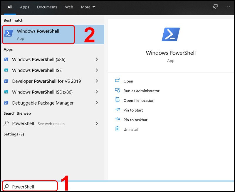 Mở Windows PowerShell để truy cập Control Panel