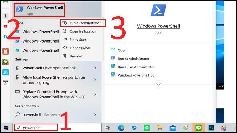 Mở Windows PowerShell với quyền quản trị viên để kiểm tra SSD trên laptop