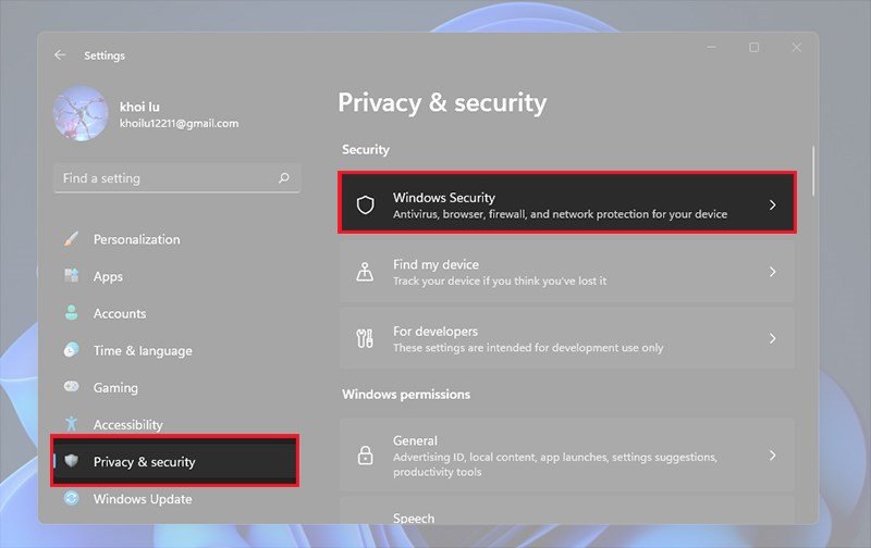 Mở Windows Security từ cài đặt quyền riêng tư để tắt bảo vệ