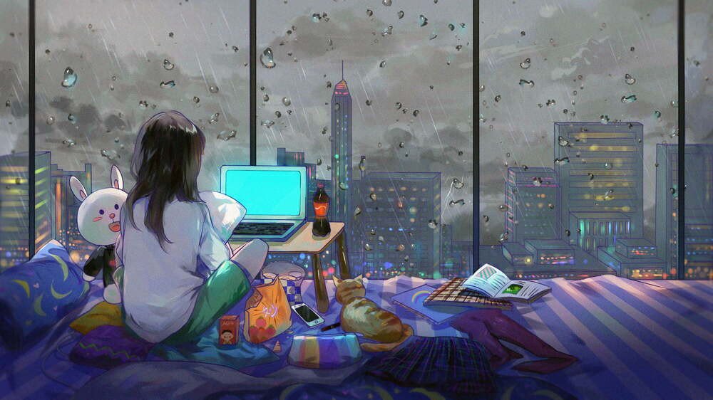 Một căn phòng anime ấm cúng với máy tính và cảnh quan thành phố buổi tối, hình nền laptop anime chill lý tưởng