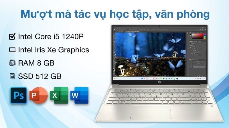 Một chiếc HP Pavilion 15 eg2082TU màu bạc thanh lịch trên bàn, sẵn sàng cho công việc học tập và giải trí