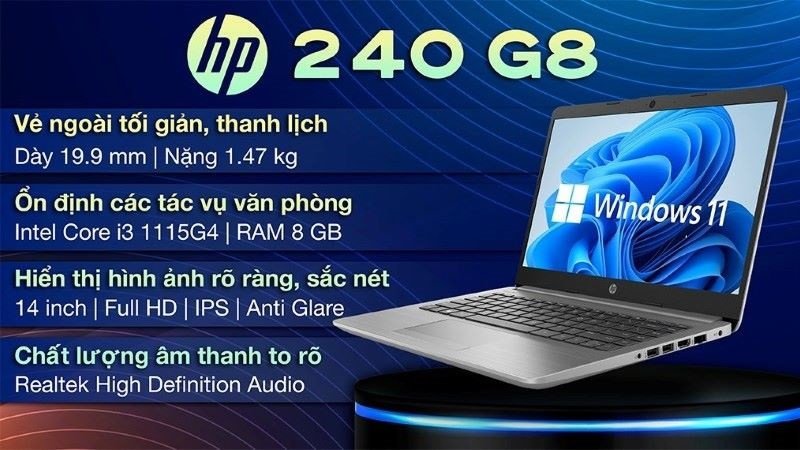 Một chiếc laptop HP 240 G8 màu bạc trên bàn làm việc, thể hiện sự đơn giản và hiệu quả, lý tưởng cho sinh viên