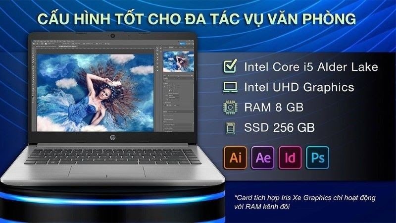 Một chiếc laptop HP 240 G9 i5 màu bạc mở rộng trên bàn, thể hiện cấu hình mạnh mẽ và thiết kế sang trọng