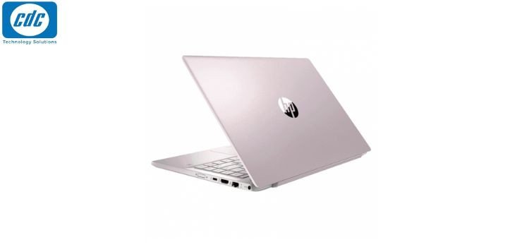 Một chiếc laptop HP màu hồng với màn hình hiển thị sống động, cạnh ly cà phê trên bàn
