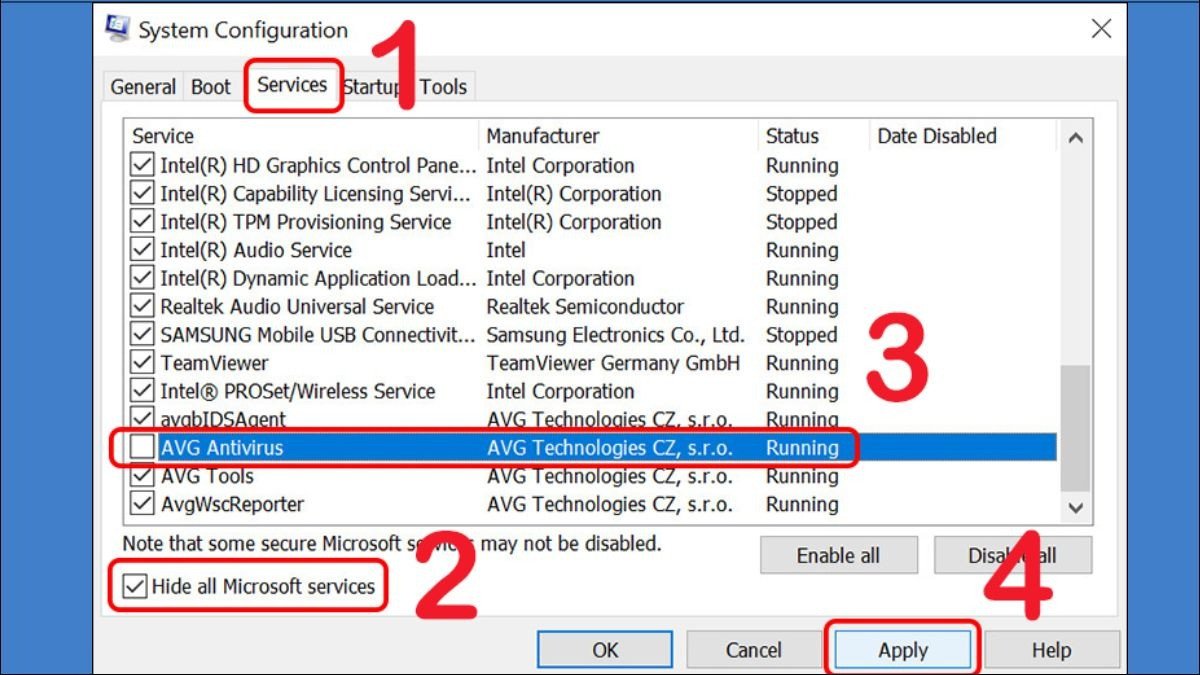Msconfig để tắt ứng dụng tự động mở trên laptop: Bỏ chọn dịch vụ không cần thiết