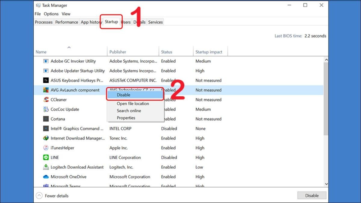Msconfig để tắt ứng dụng tự động mở trên laptop: Vô hiệu hóa ứng dụng trong Task Manager