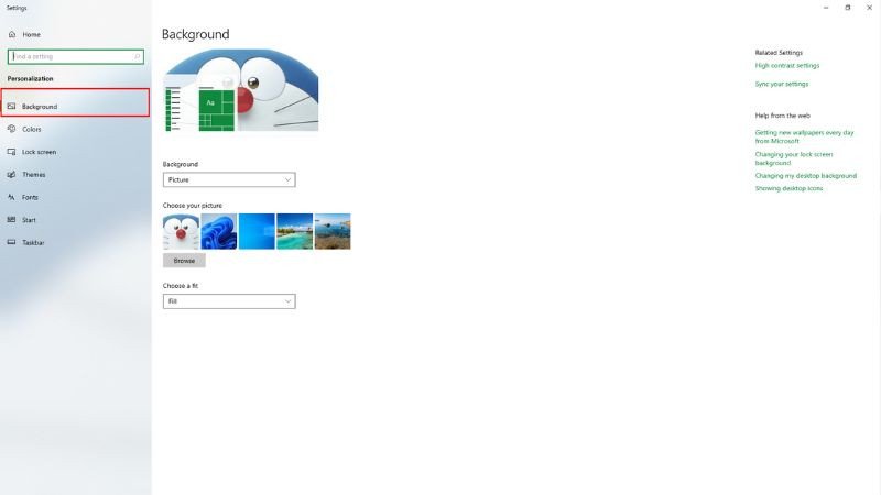 Mục Background trong cài đặt Windows để chọn hình nền laptop dễ thương