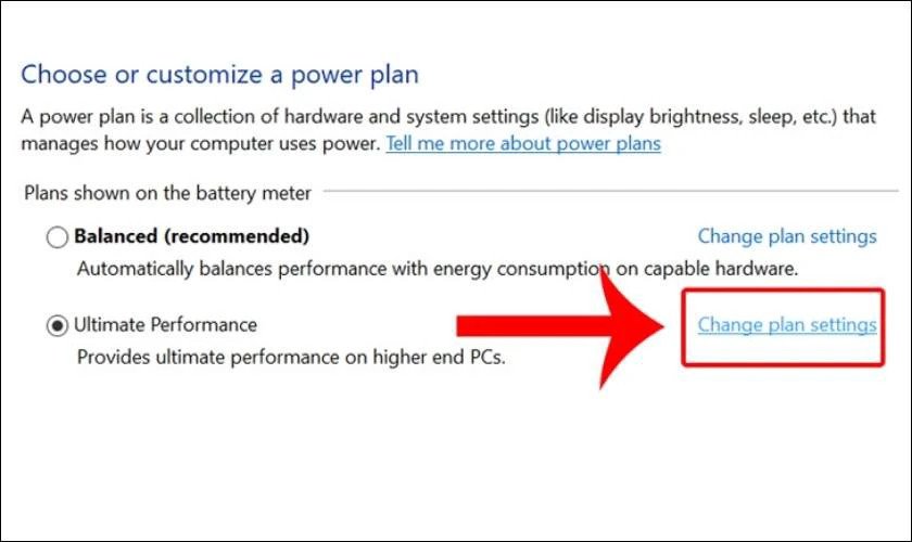 Mục Change Plan Settings trong Power Option, điều chỉnh cài đặt năng lượng để hỗ trợ quá trình xả pin, giúp duy trì pin laptop Dell tối ưu hơn.