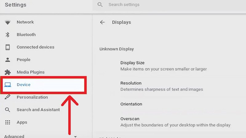 Mục Device trong cài đặt Chromebook để xem thông tin độ phân giải màn hình laptop.