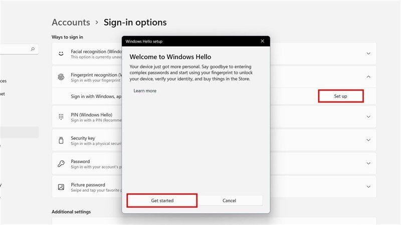 Mục Fingerprint recognition trong tùy chọn đăng nhập Windows Hello