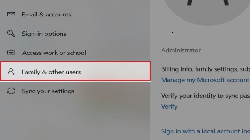 Mục Gia đình và những người khác trong cài đặt Tài khoản.