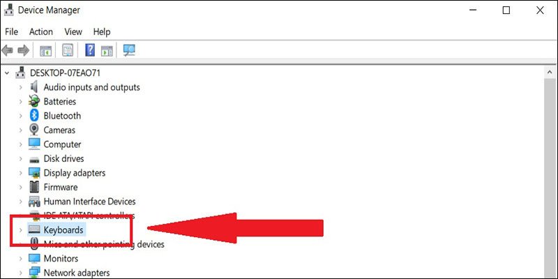 Mục Keyboards trong Device Manager hiển thị các thiết bị bàn phím đã kết nối