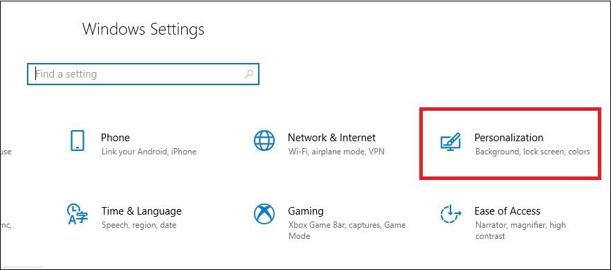 Mục Personalization trong Settings để truy cập cài đặt màu sắc trên Windows 10