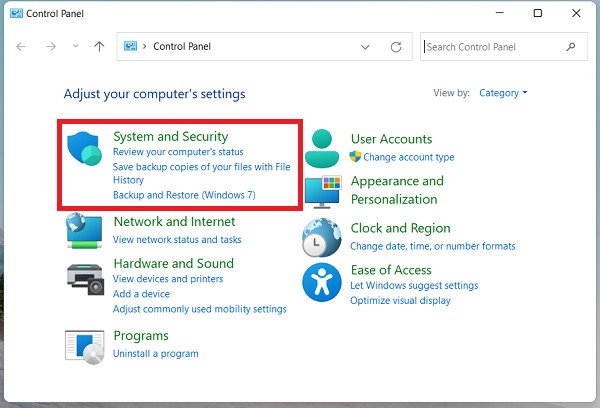 Mục System and Security trong Control Panel để xem thông tin laptop