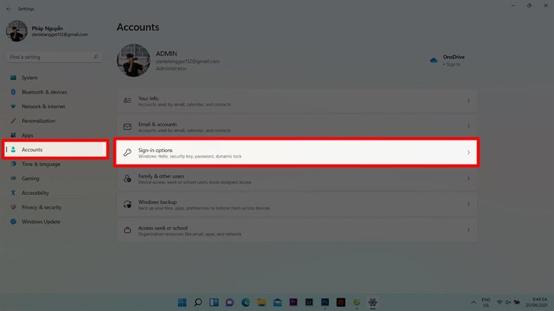 Mục tài khoản trong cài đặt Windows 11
