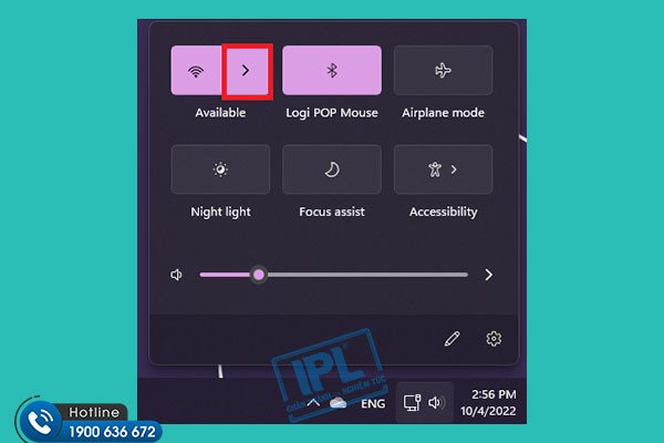 Mũi tên mở rộng danh sách mạng WiFi trong Action Center