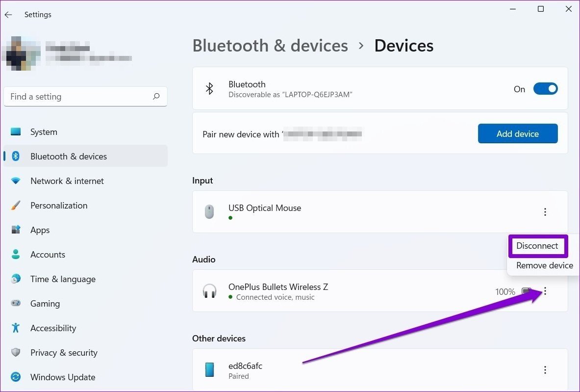 Ngắt kết nối và kết nối lại thiết bị tai nghe Bluetooth trên Windows 11.