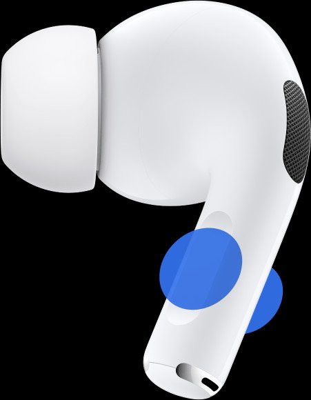 Người dùng thao tác chạm và giữ cảm biến lực trên thân AirPods Pro để chuyển đổi chế độ chống ồn