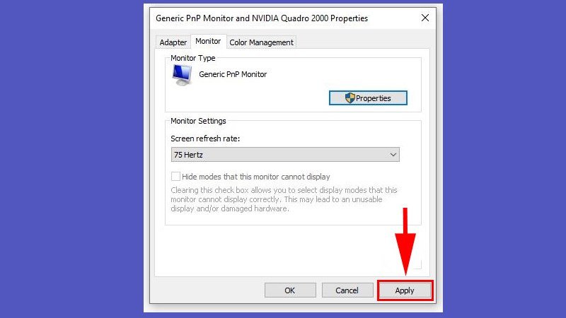 Nhấn Apply để hoàn tất điều chỉnh tần số quét laptop