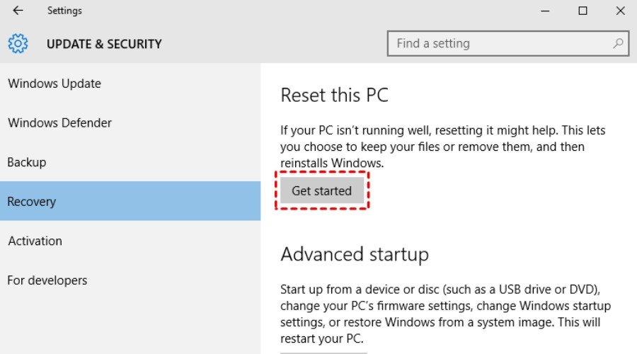 Nhấn chọn Get started để bắt đầu cài lại Win 10