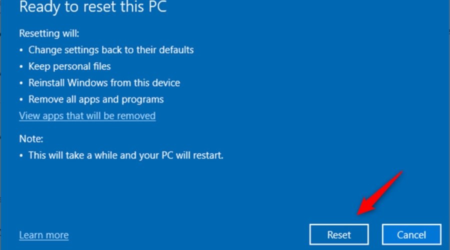 Nhấn chọn Reset nếu bạn đã kiểm tra kỹ càng