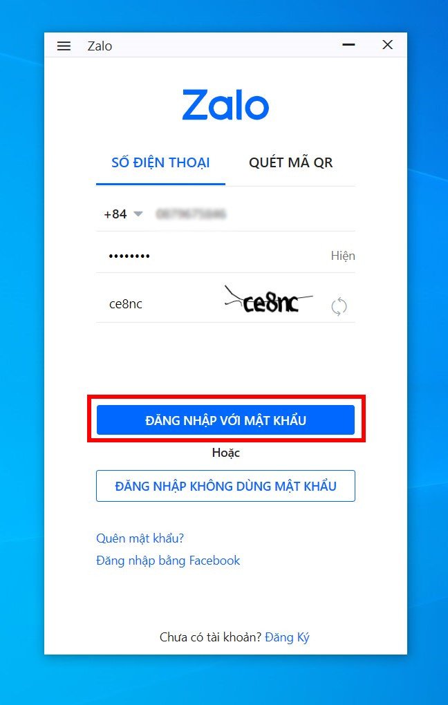 Nhấn Đăng nhập với mật khẩu để truy cập Zalo trên máy tính