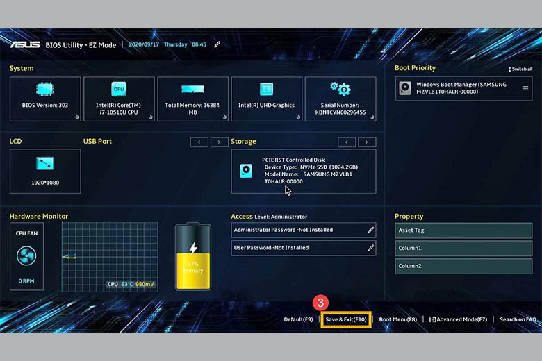 Nhấn F10 để lưu và thoát khỏi BIOS
