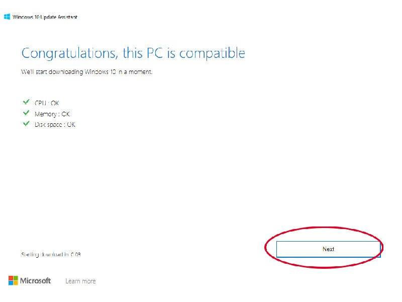 Nhấn Next để tiếp tục các bước cập nhật Windows 10 cho laptop