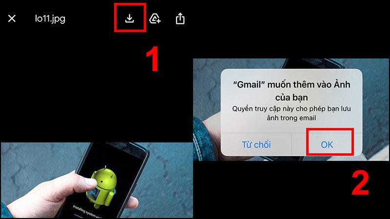 Nhấn nút tải về để lưu ảnh từ email vào thư viện trên iPhone
