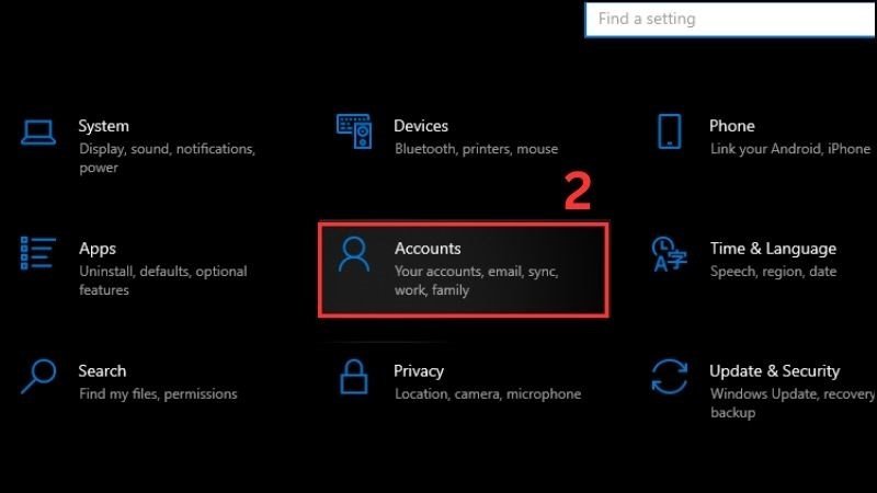 Nhấn vào mục Accounts trong Settings Windows 10