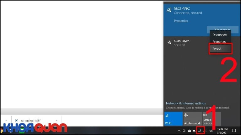 Nhấn vào wifi đang sử dụng và chọn Forget để quên wifi đã kết nối rồi thực hiện kết nối wifi lại trên laptop Dell