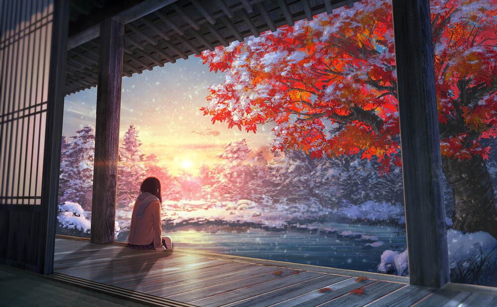 Nhân vật anime nữ ngồi bên cửa sổ đón ánh sáng mặt trời, một hình nền laptop anime chill đầy suy tư
