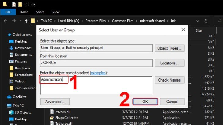 Nhập Administrators để gán quyền sở hữu