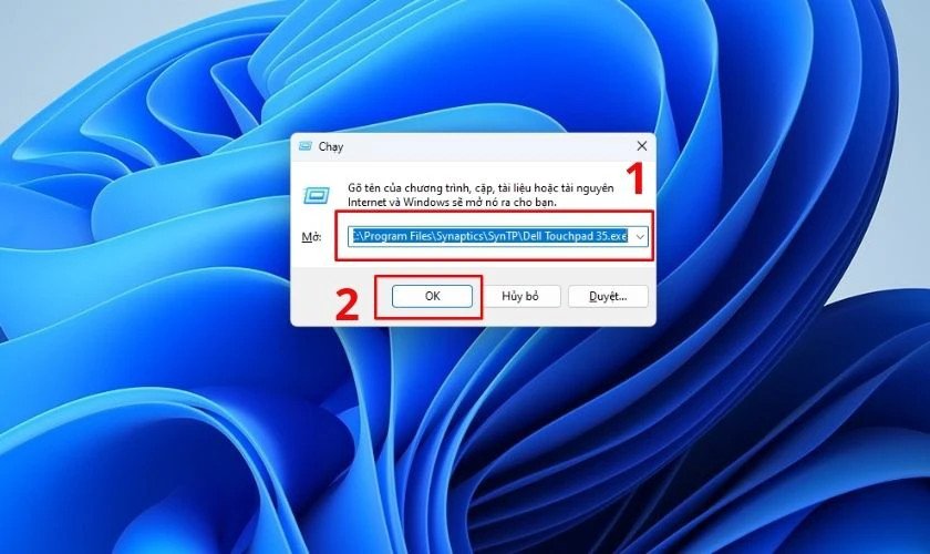 Nhập câu lệnh vào hộp thoại và nhấn OK để mở cài đặt Touchpad Dell