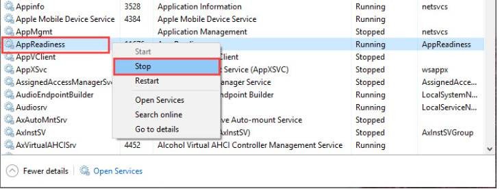 Nhấp chuột phải vào 'AppReadiness' và chọn 'Stop' để tạm dừng dịch vụ