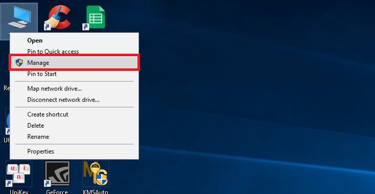 Nhấp chuột phải vào biểu tượng 'This PC' và chọn 'Manage' để truy cập quản lý máy tính