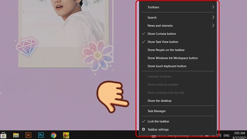 Nhấp chuột phải vào thanh Taskbar