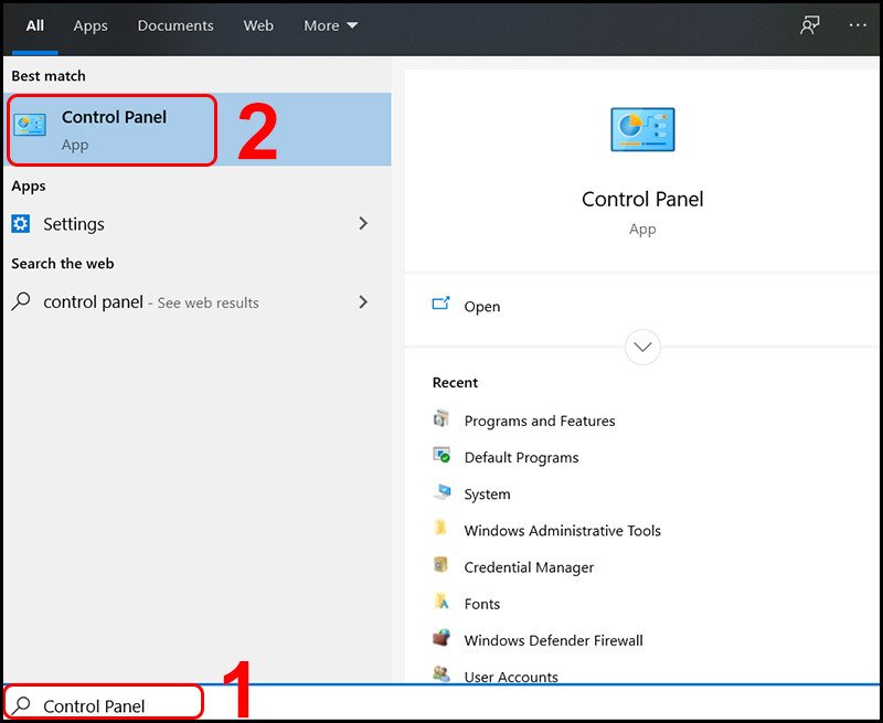 Nhập Control Panel vào thanh tìm kiếm Windows