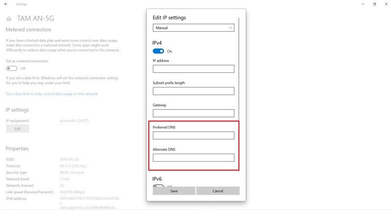 Nhập địa chỉ DNS dịch vụ (Preferred DNS, Alternate DNS) để cải thiện tốc độ mạng