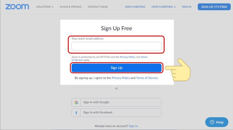 Nhập địa chỉ email để đăng ký tài khoản Zoom trên laptop
