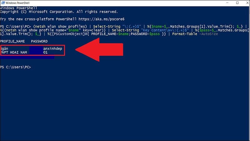 Nhập đoạn mã PowerShell để liệt kê tất cả mật khẩu Wi-Fi đã lưu trên hệ thống