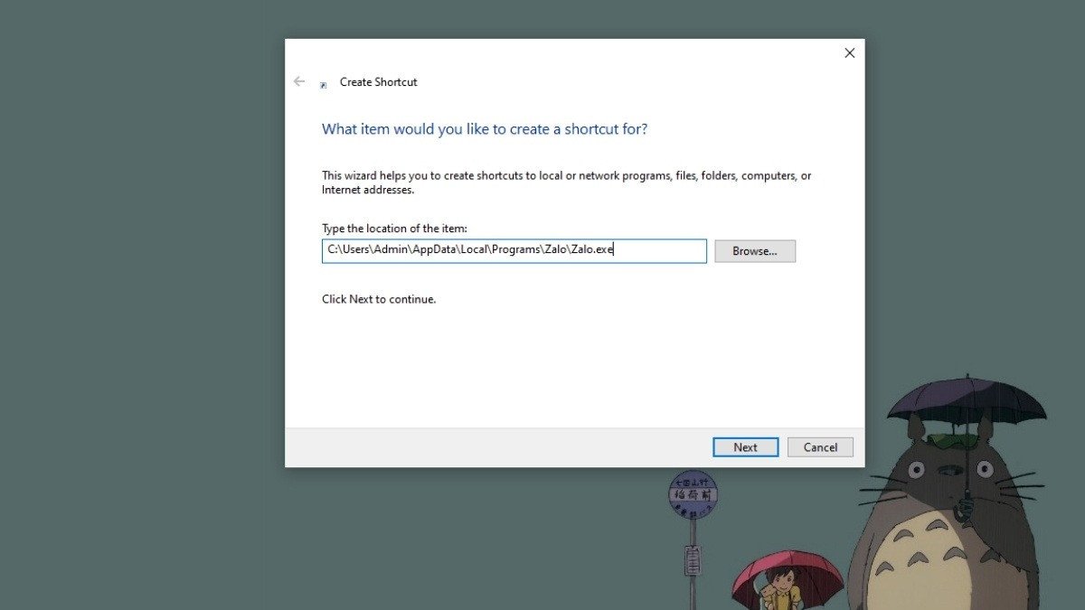 Nhập đường dẫn để thêm ứng dụng vào màn hình chính laptop bằng shortcut.