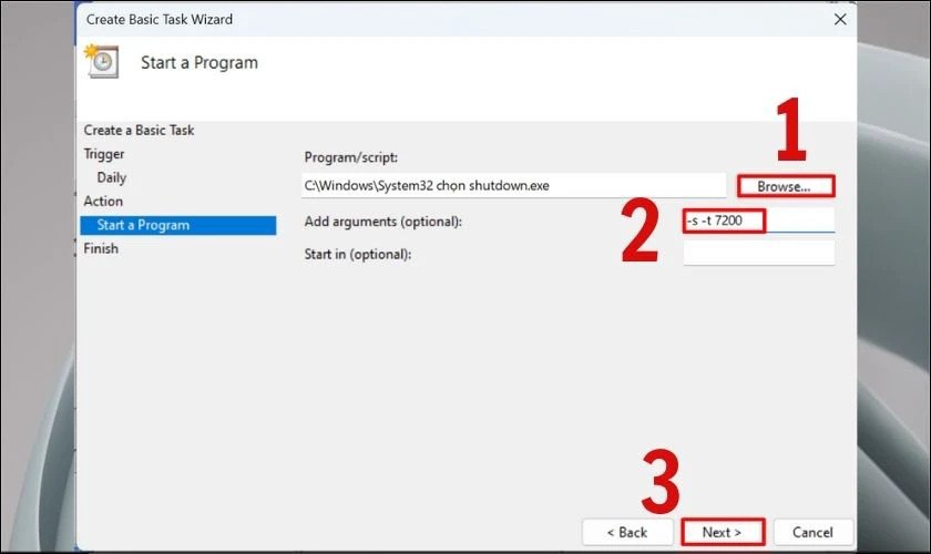 Nhập đường dẫn shutdown.exe và đối số -s -t để hẹn giờ tắt laptop Win 10