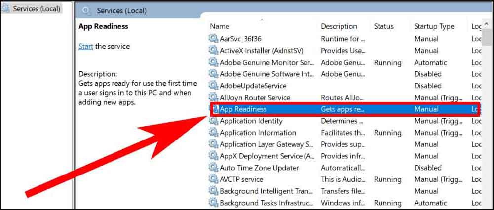 Nhấp đúp vào 'AppReadiness' trong cửa sổ Services để mở thuộc tính của nó