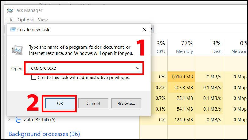 Nhập Explorer.exe để truy cập màn hình Windows sau khi gặp lỗi màn hình đen