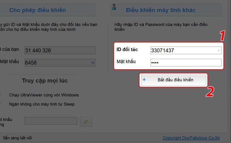 Nhập ID và mật khẩu của đối tác để bắt đầu điều khiển máy tính khác