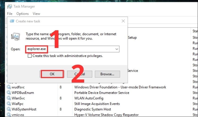 Nhập lệnh explorer.exe vào ô Open và nhấn Enter