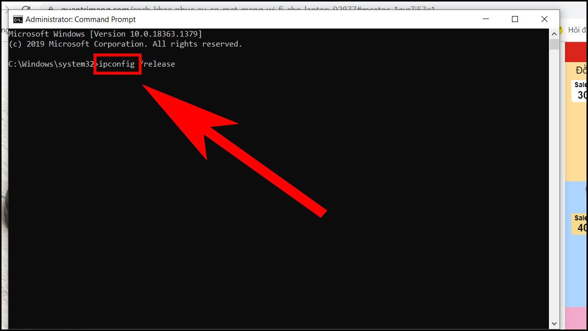 Nhập lệnh ipconfig /release để giải phóng IP