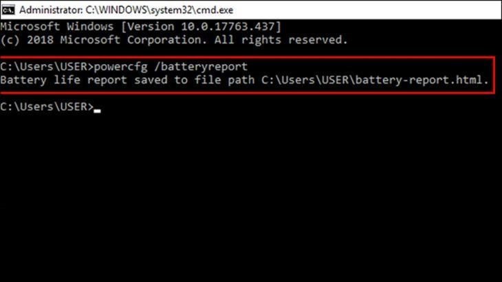 Nhập lệnh kiểm tra pin là một kinh nghiệm mua laptop cũ hữu ích