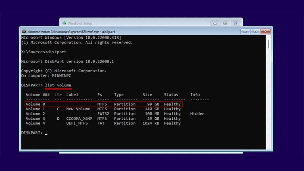 Nhập lệnh list volume.